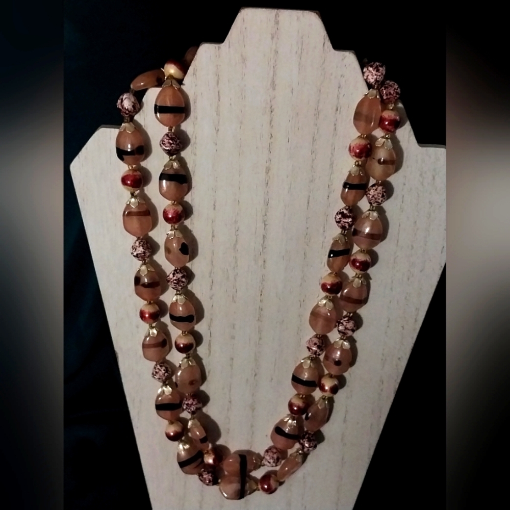 Hong Kong Signed 60s Necklace Double Strand Pink & White Costume Fashion 23"